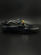 GUCCI Mens Vintage Navy Blue Leather Bamboo Web Bit Loafers - 43