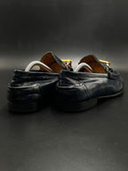 GUCCI Mens Vintage Navy Blue Leather Bamboo Web Bit Loafers - 43