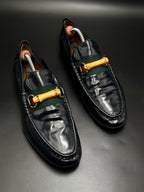 GUCCI Mens Vintage Navy Blue Leather Bamboo Web Bit Loafers - 43