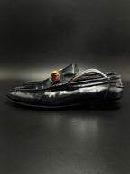 GUCCI Mens Vintage Navy Blue Leather Bamboo Web Bit Loafers - 43