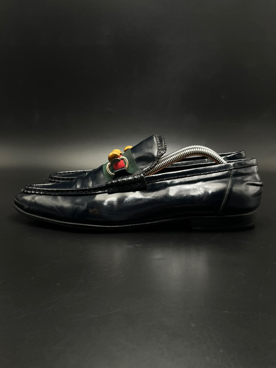 GUCCI Mens Vintage Navy Blue Leather Bamboo Web Bit Loafers - 43