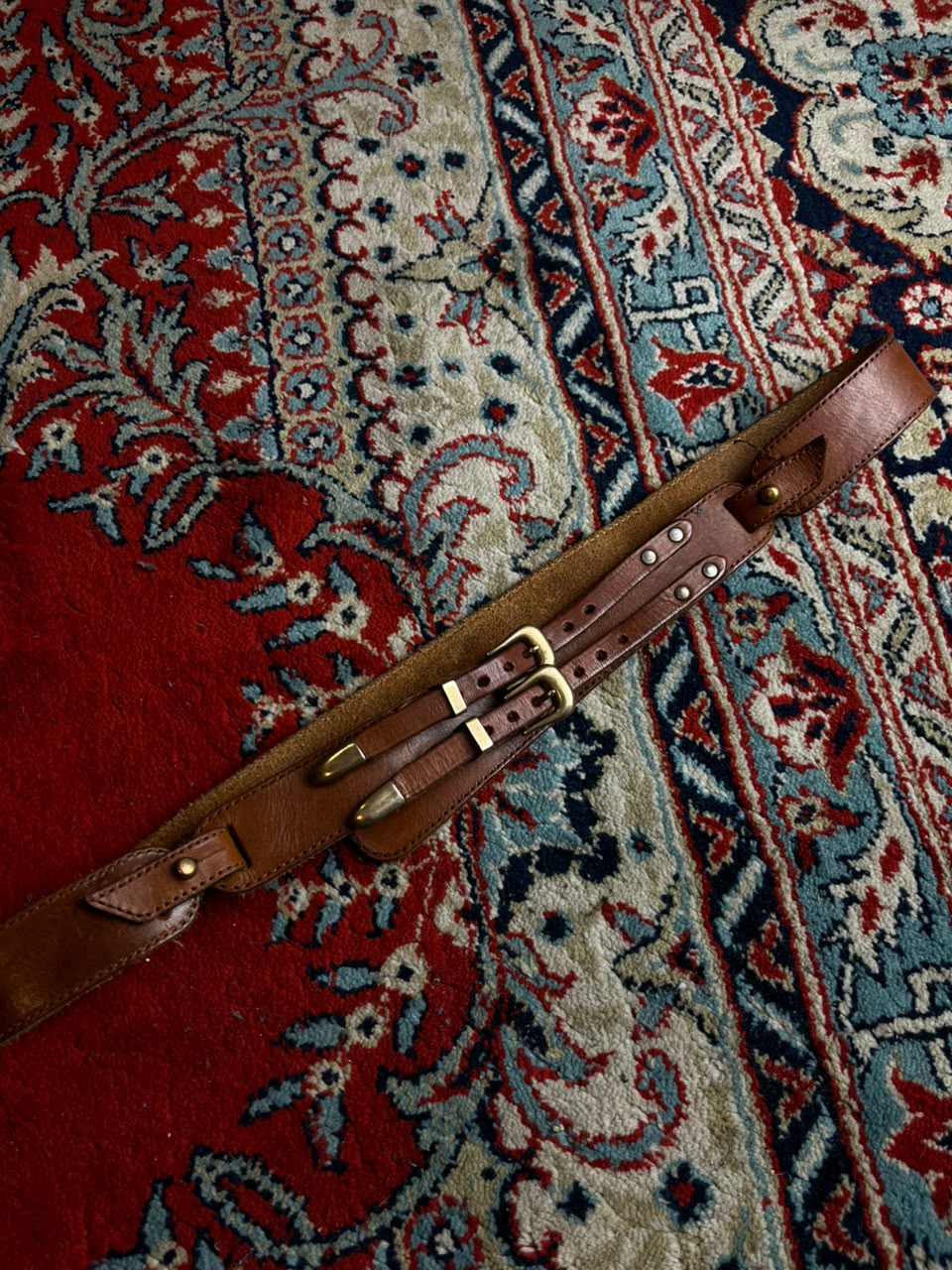 Vintage Twin Buckle Cognac Leather Waist Belt Western Ranger Style