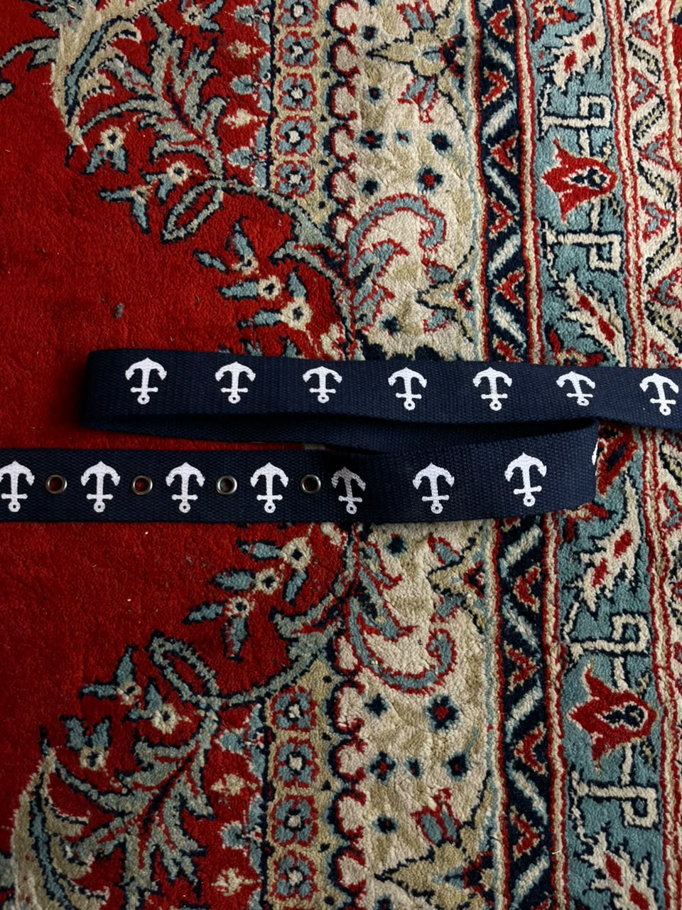 Nautical Navy Blue Canvas Belt White Embroidered Anchors Grommet Silver Buckle
