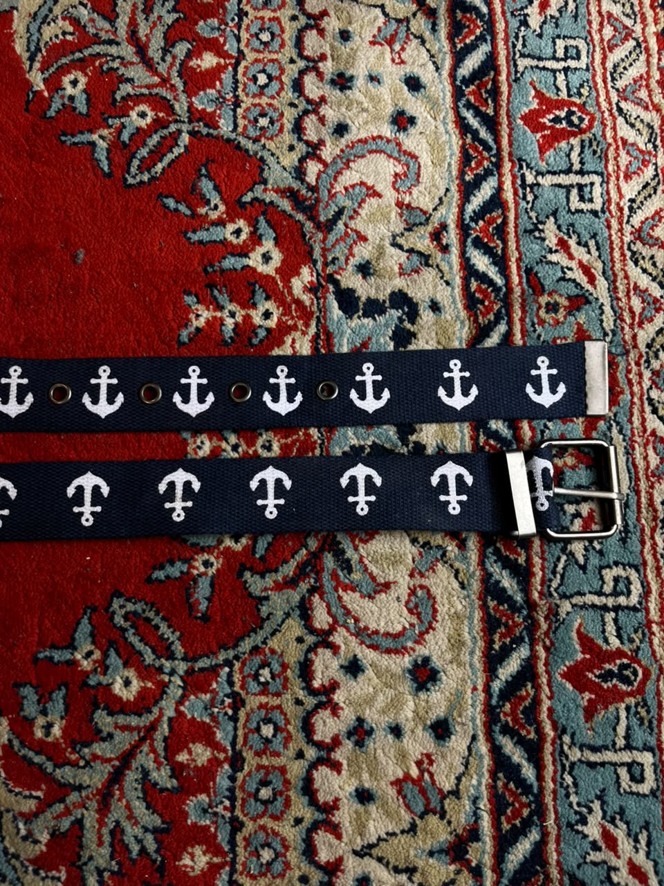 Nautical Navy Blue Canvas Belt White Embroidered Anchors Grommet Silver Buckle