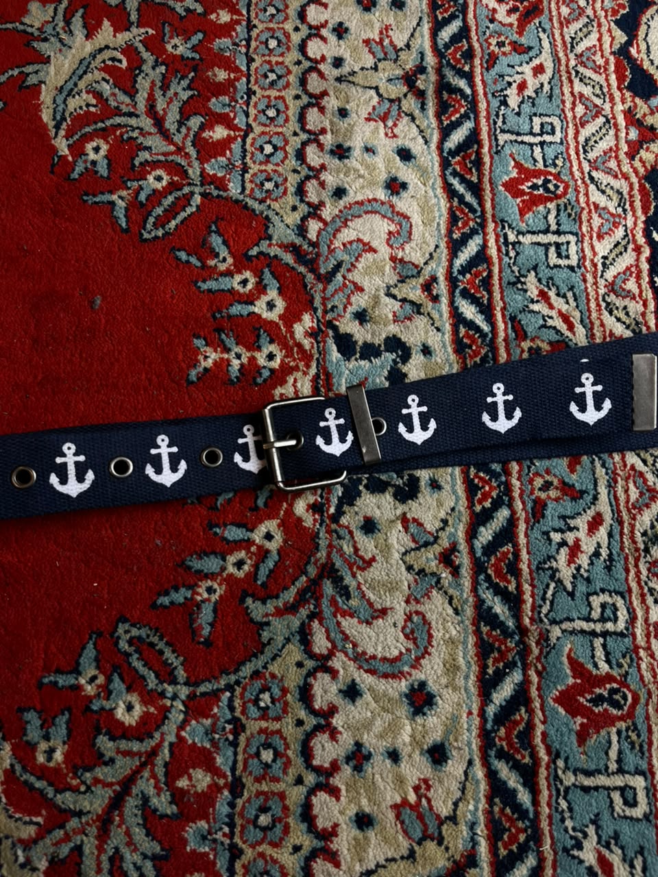 Nautical Navy Blue Canvas Belt White Embroidered Anchors Grommet Silver Buckle