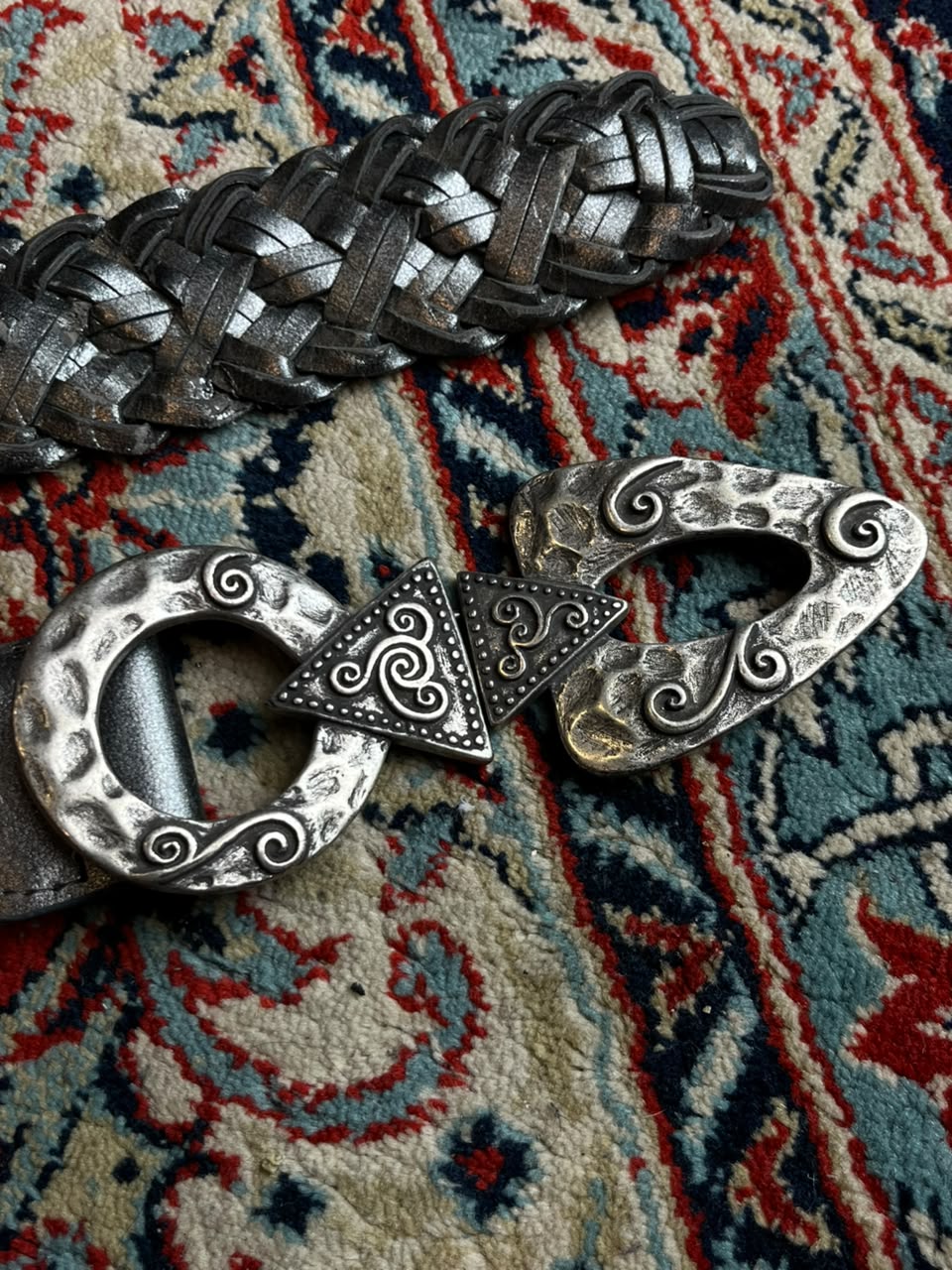 Vintage Metallic Silver Braided Leather Belt Celtic Hammered Clasp
