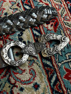 Vintage Metallic Silver Braided Leather Belt Celtic Hammered Clasp
