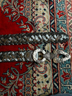 Vintage Metallic Silver Braided Leather Belt Celtic Hammered Clasp