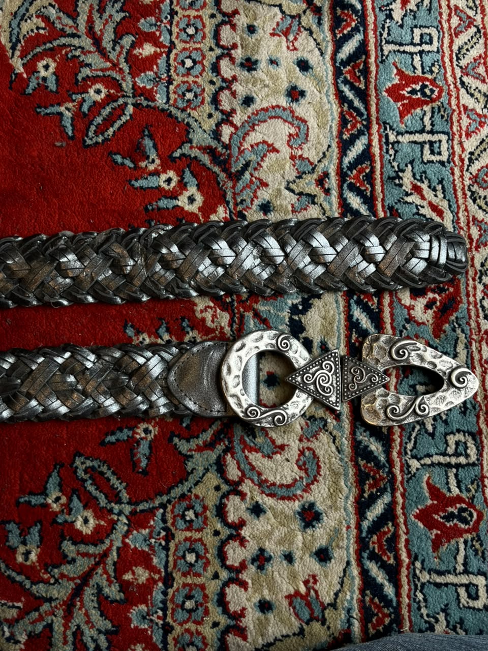 Vintage Metallic Silver Braided Leather Belt Celtic Hammered Clasp