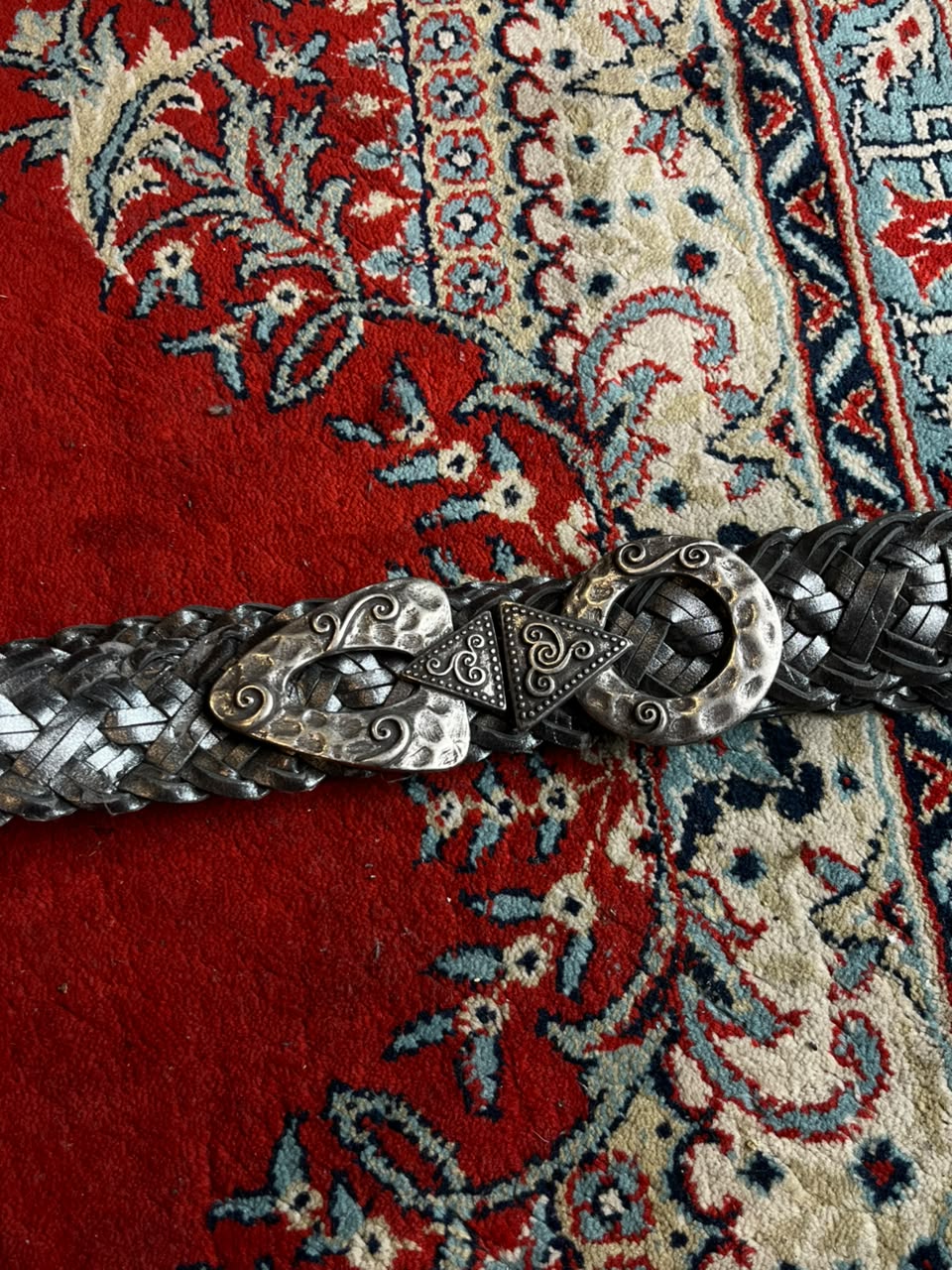 Vintage Metallic Silver Braided Leather Belt Celtic Hammered Clasp