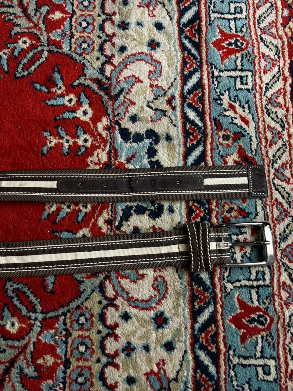 Boggi Milano Brown Striped Webbing Belt Suede Trim Italy Golf Silver Buckle