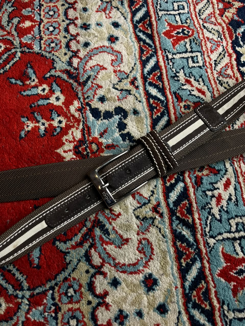 Boggi Milano Brown Striped Webbing Belt Suede Trim Italy Golf Silver Buckle