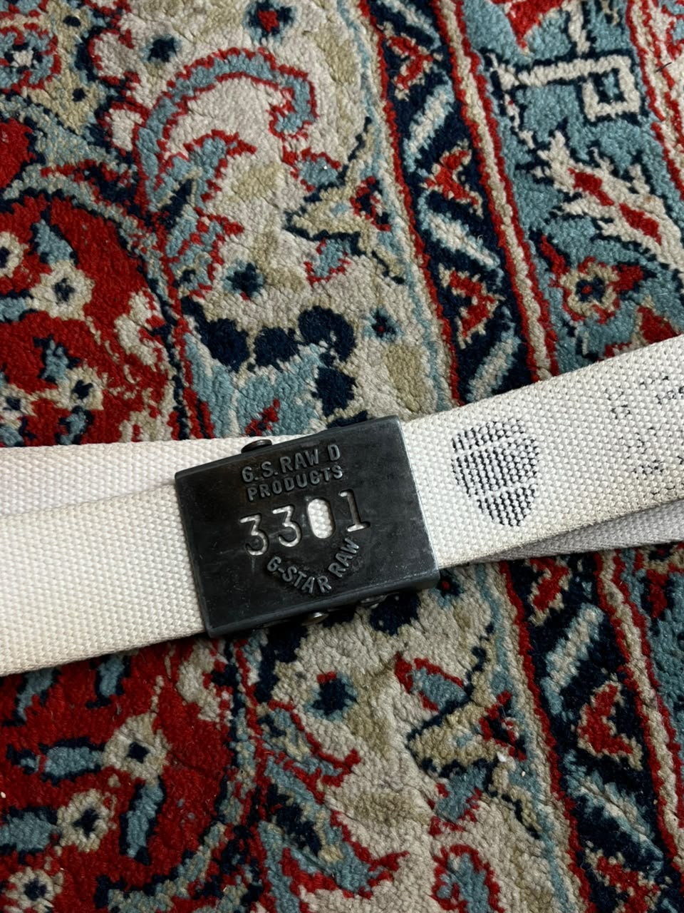 G-Star RAW 3301 Canvas Web Belt Off White Stencil Logo Gunmetal Box Buckle