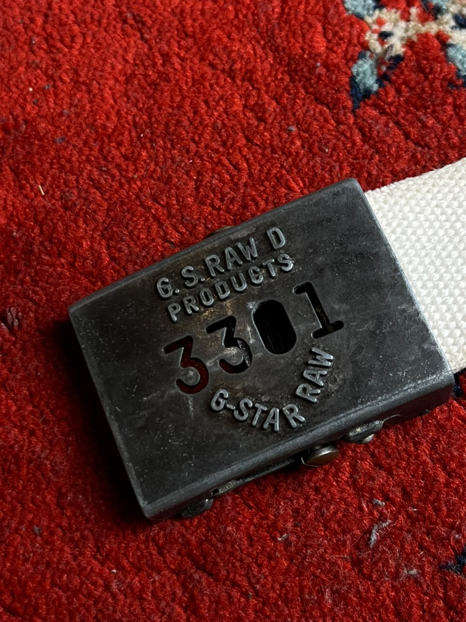 G-Star RAW 3301 Canvas Web Belt Off White Stencil Logo Gunmetal Box Buckle
