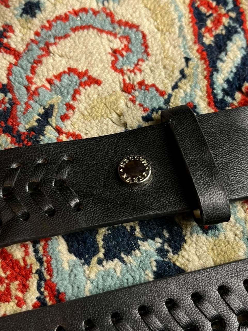 Steve Madden Black Leather Belt Whipstitch Laced Silver Buckle
