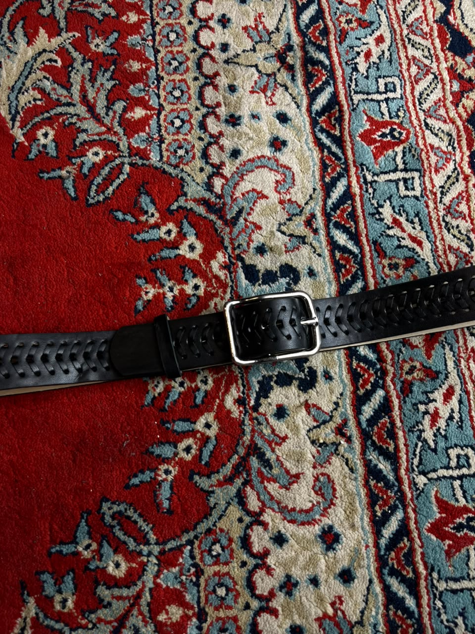 Steve Madden Black Leather Belt Whipstitch Laced Silver Buckle