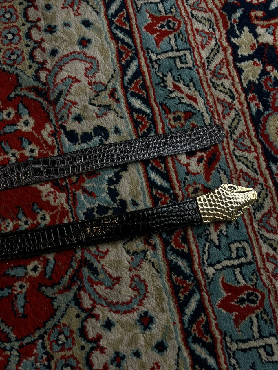 Vintage Snake Head Belt Gold Serpent Buckle Black Croc Patent Skinn