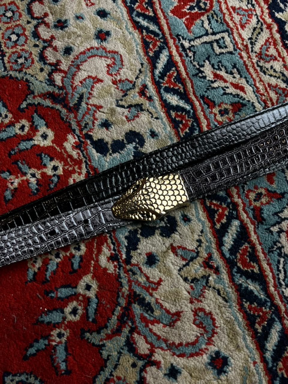 Vintage Snake Head Belt Gold Serpent Buckle Black Croc Patent Skinn