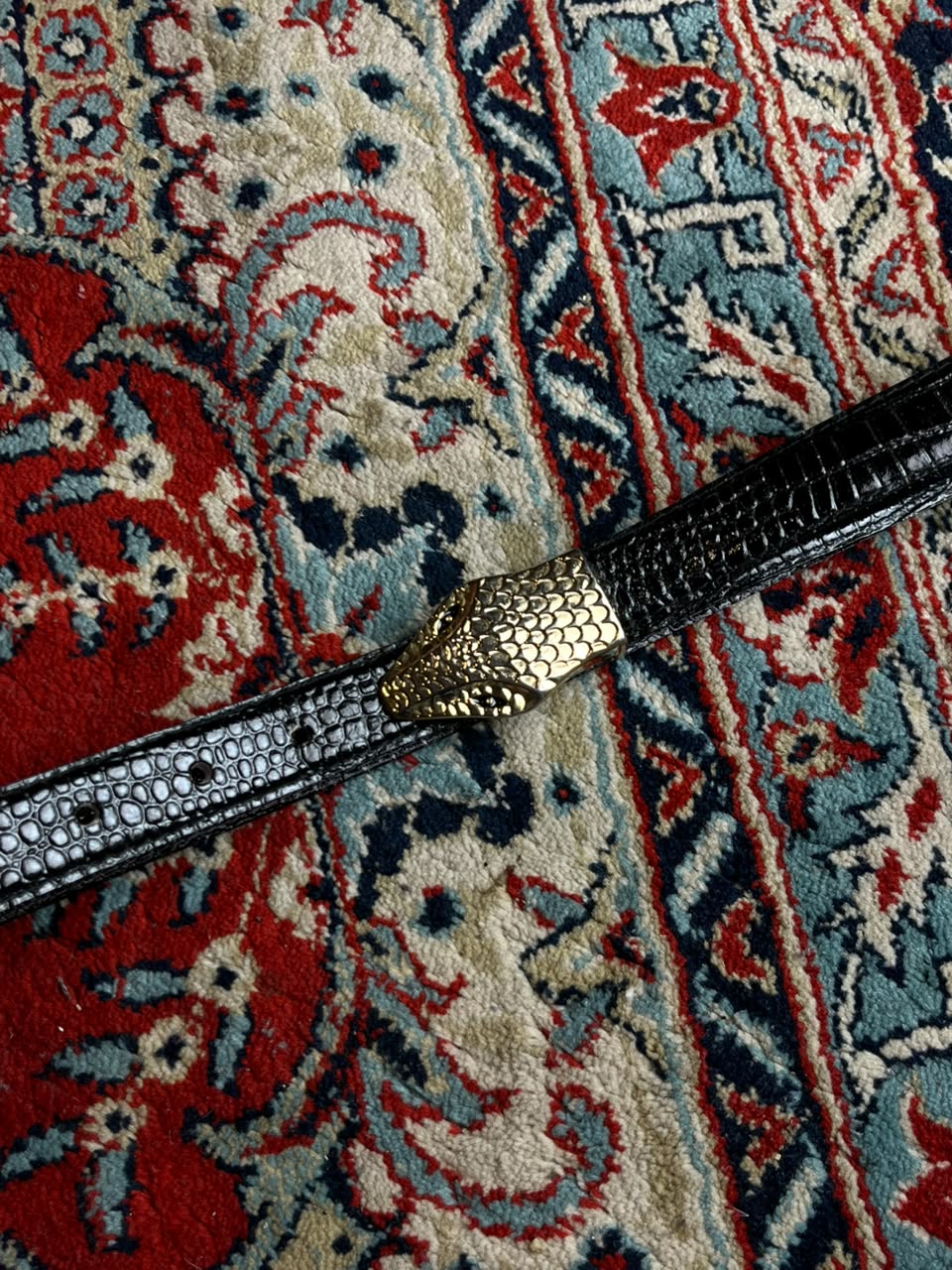 Vintage Snake Head Belt Gold Serpent Buckle Black Croc Patent Skinn