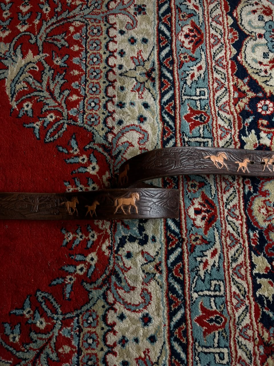 Vintage Tooled Leather Belt Running Horses Mustangs Brown Western
