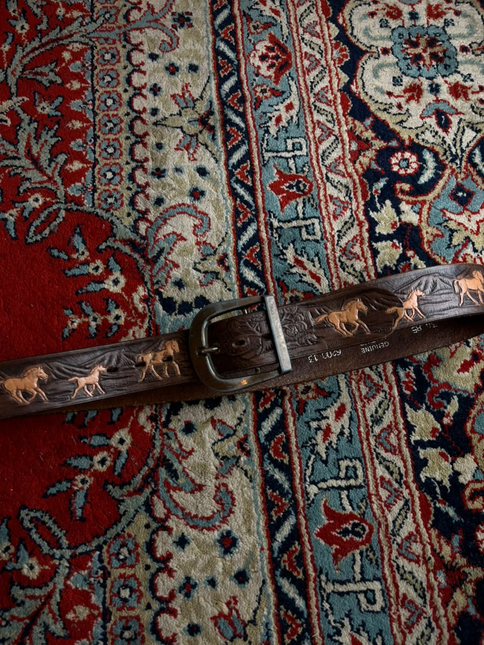 Vintage Tooled Leather Belt Running Horses Mustangs Brown Western