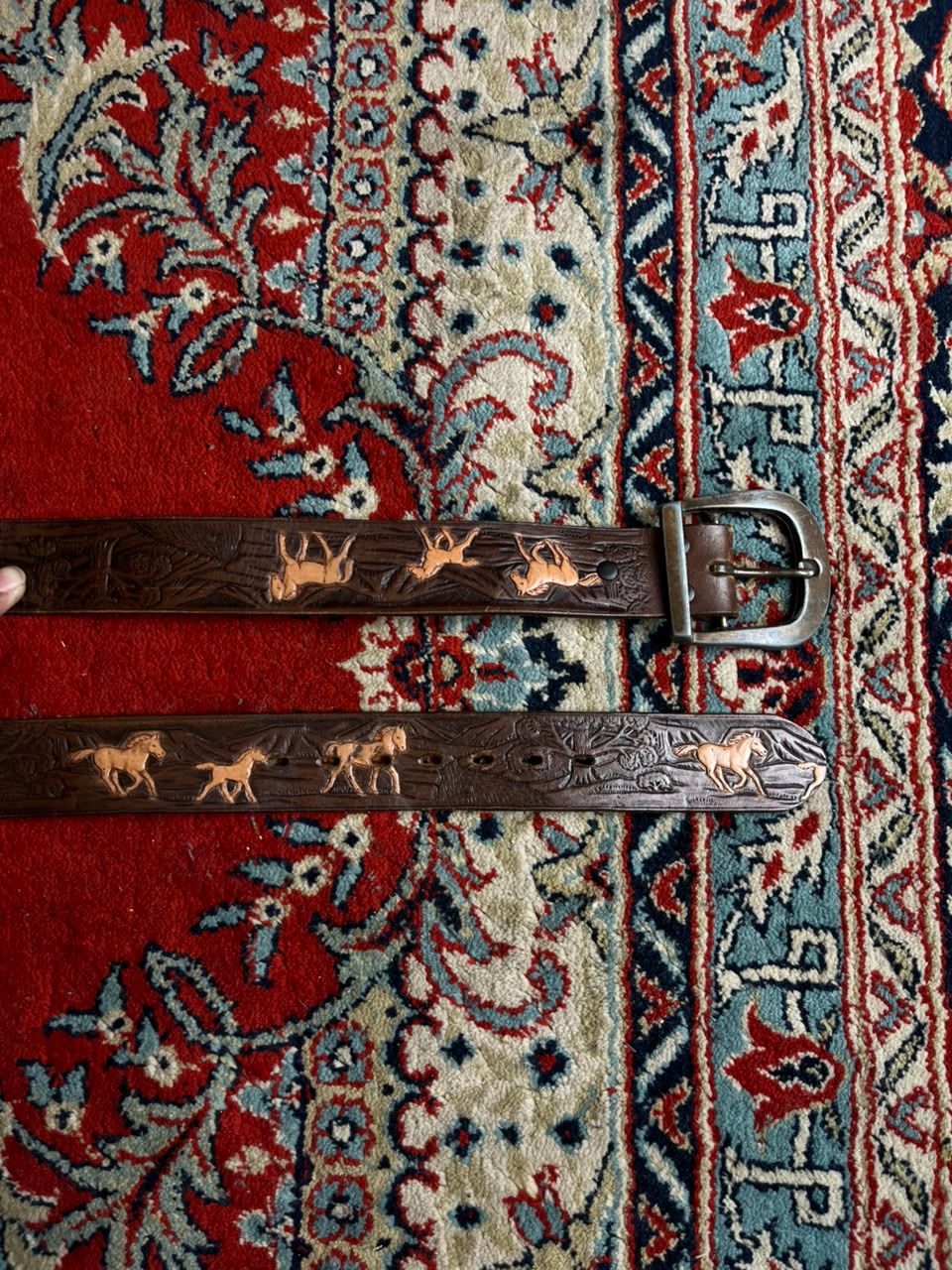 Vintage Tooled Leather Belt Running Horses Mustangs Brown Western