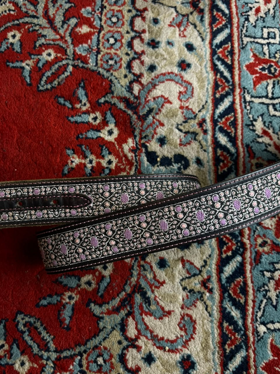 Western Leather Belt Embroidered Ribbon Inlay Pink Lavender Floral Brass Buckle
