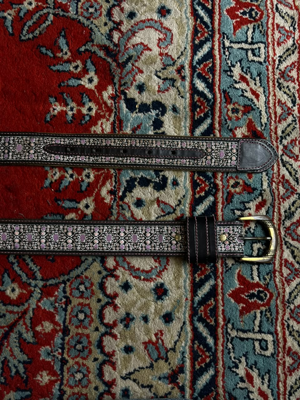 Western Leather Belt Embroidered Ribbon Inlay Pink Lavender Floral Brass Buckle