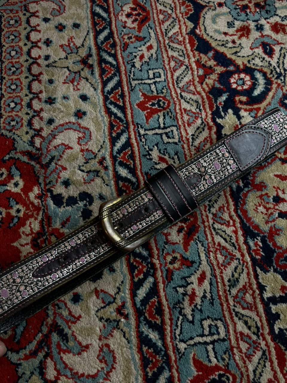 Western Leather Belt Embroidered Ribbon Inlay Pink Lavender Floral Brass Buckle