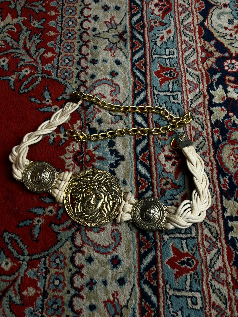 Vintage Medusa Head Coin Belt Gold Tone Cream Braided Cord Baroque
