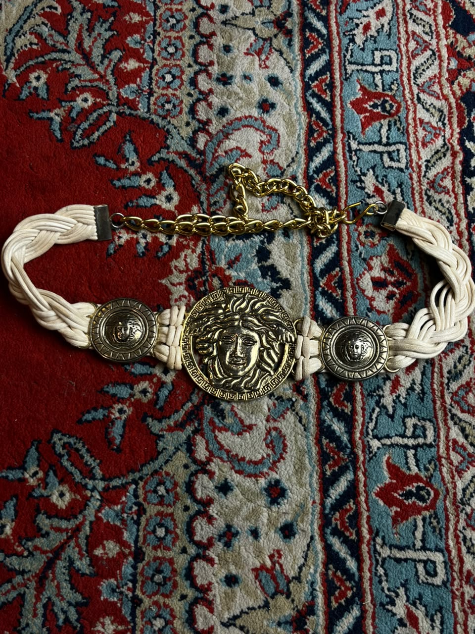 Vintage Medusa Head Coin Belt Gold Tone Cream Braided Cord Baroque