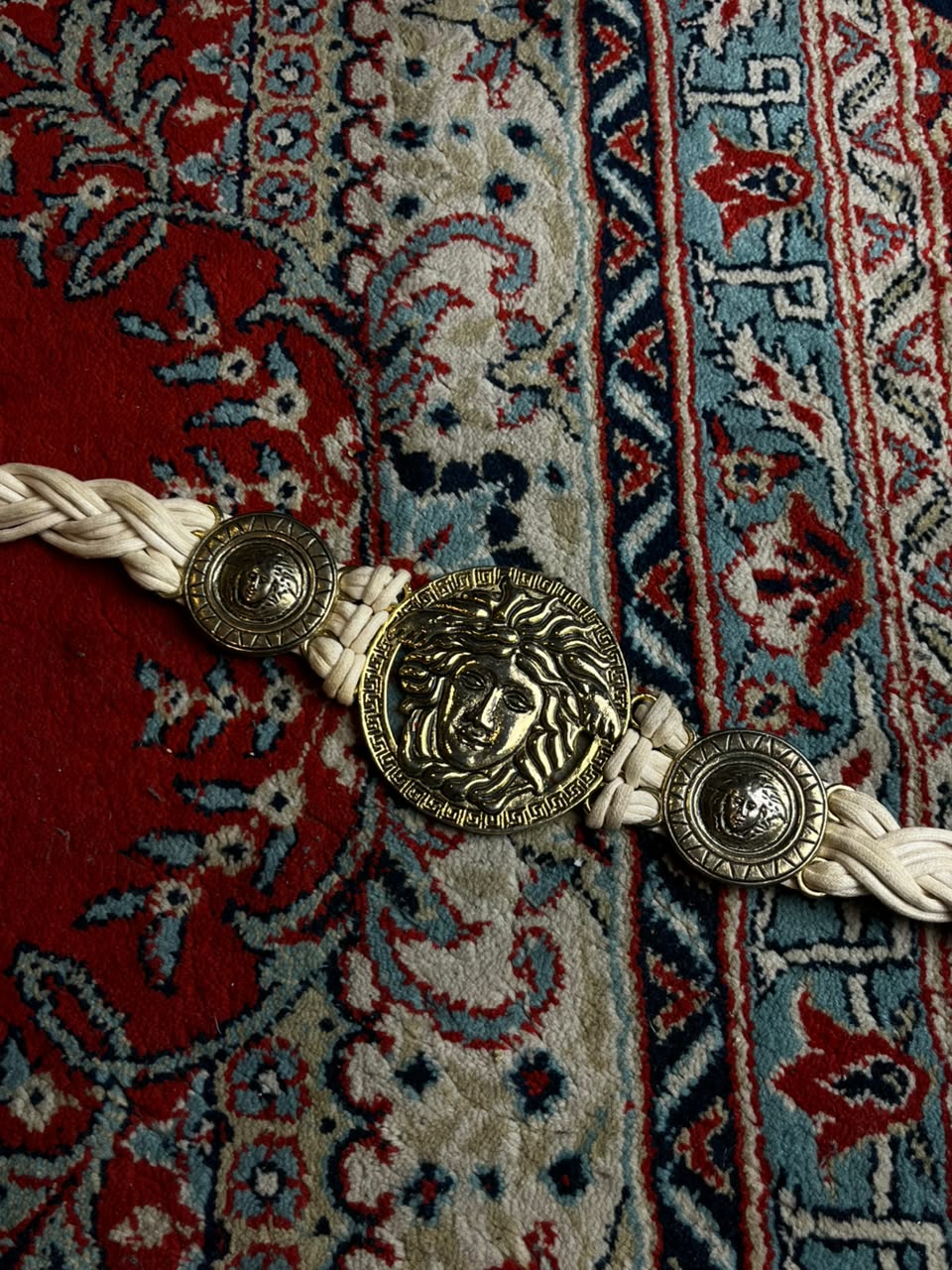 Vintage Medusa Head Coin Belt Gold Tone Cream Braided Cord Baroque