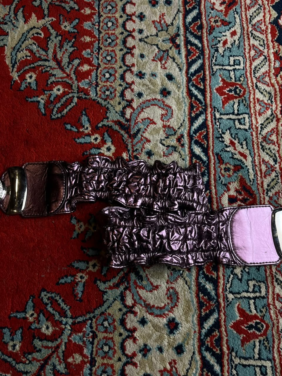 Vintage Metallic Purple Scrunch Belt Rhinestone Black Gem Buckle