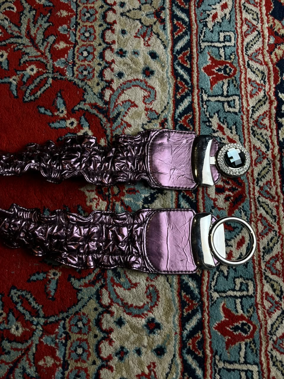 Vintage Metallic Purple Scrunch Belt Rhinestone Black Gem Buckle