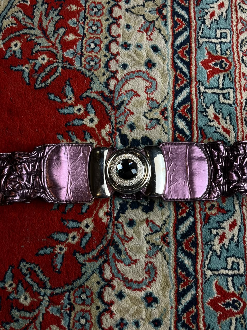 Vintage Metallic Purple Scrunch Belt Rhinestone Black Gem Buckle