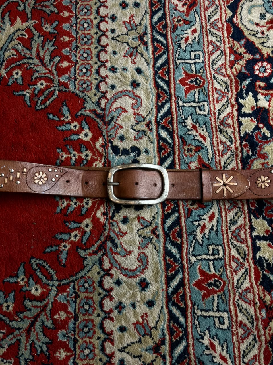 Vintage Tooled Leather Belt Paisley Perforated Studded Floral Sunburst Tan