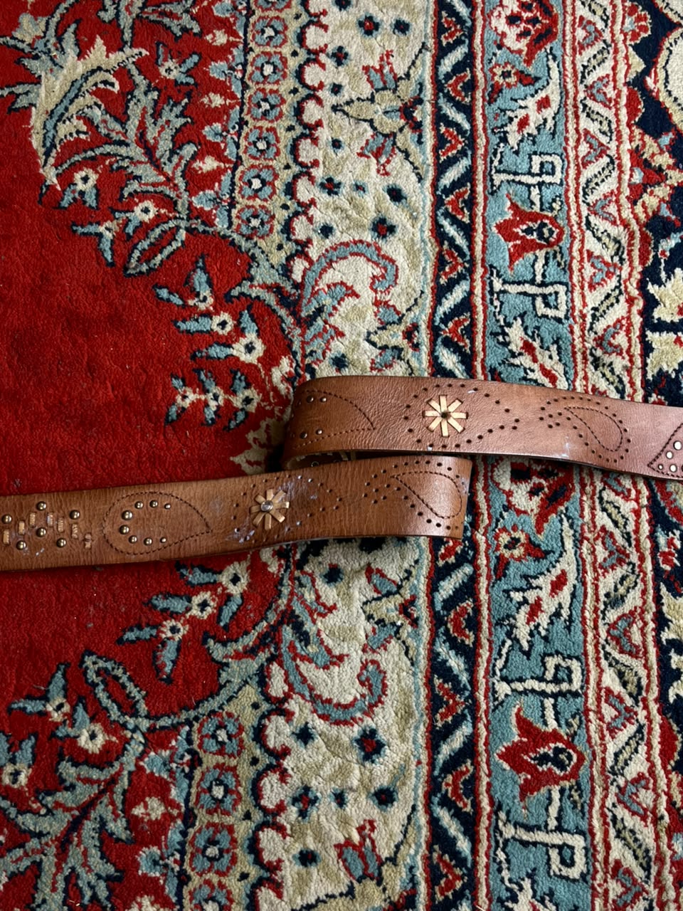 Vintage Tooled Leather Belt Paisley Perforated Studded Floral Sunburst Tan