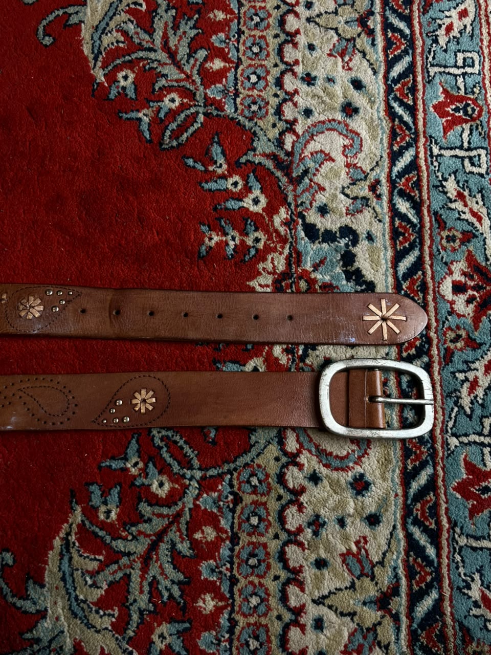 Vintage Tooled Leather Belt Paisley Perforated Studded Floral Sunburst Tan