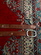 Vintage Tooled Leather Belt Paisley Perforated Studded Floral Sunburst Tan