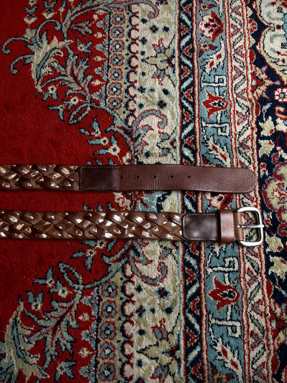 Brown Pleated Braided Studded Leather Belt Silver Hardware Casual Western