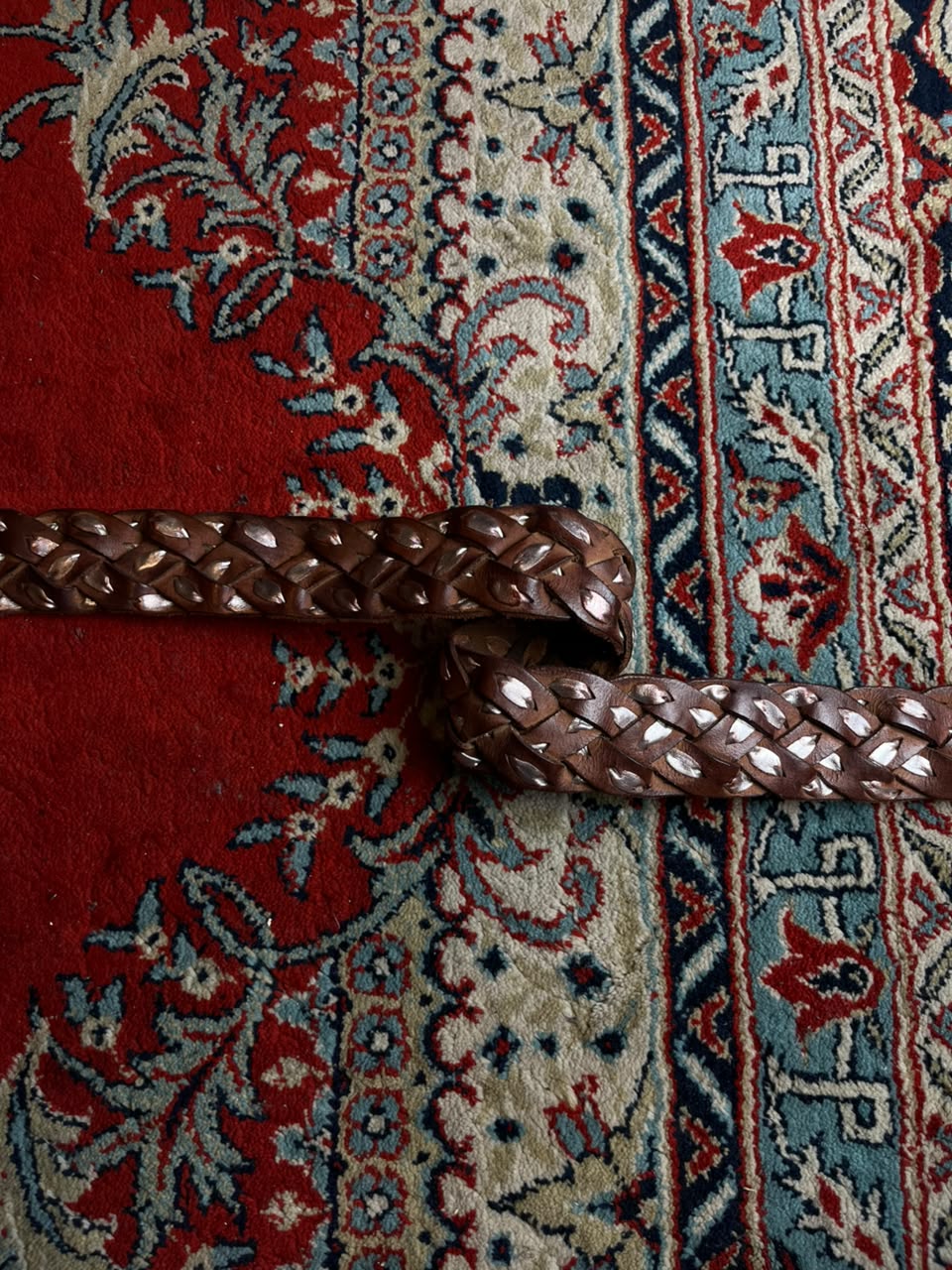 Brown Pleated Braided Studded Leather Belt Silver Hardware Casual Western