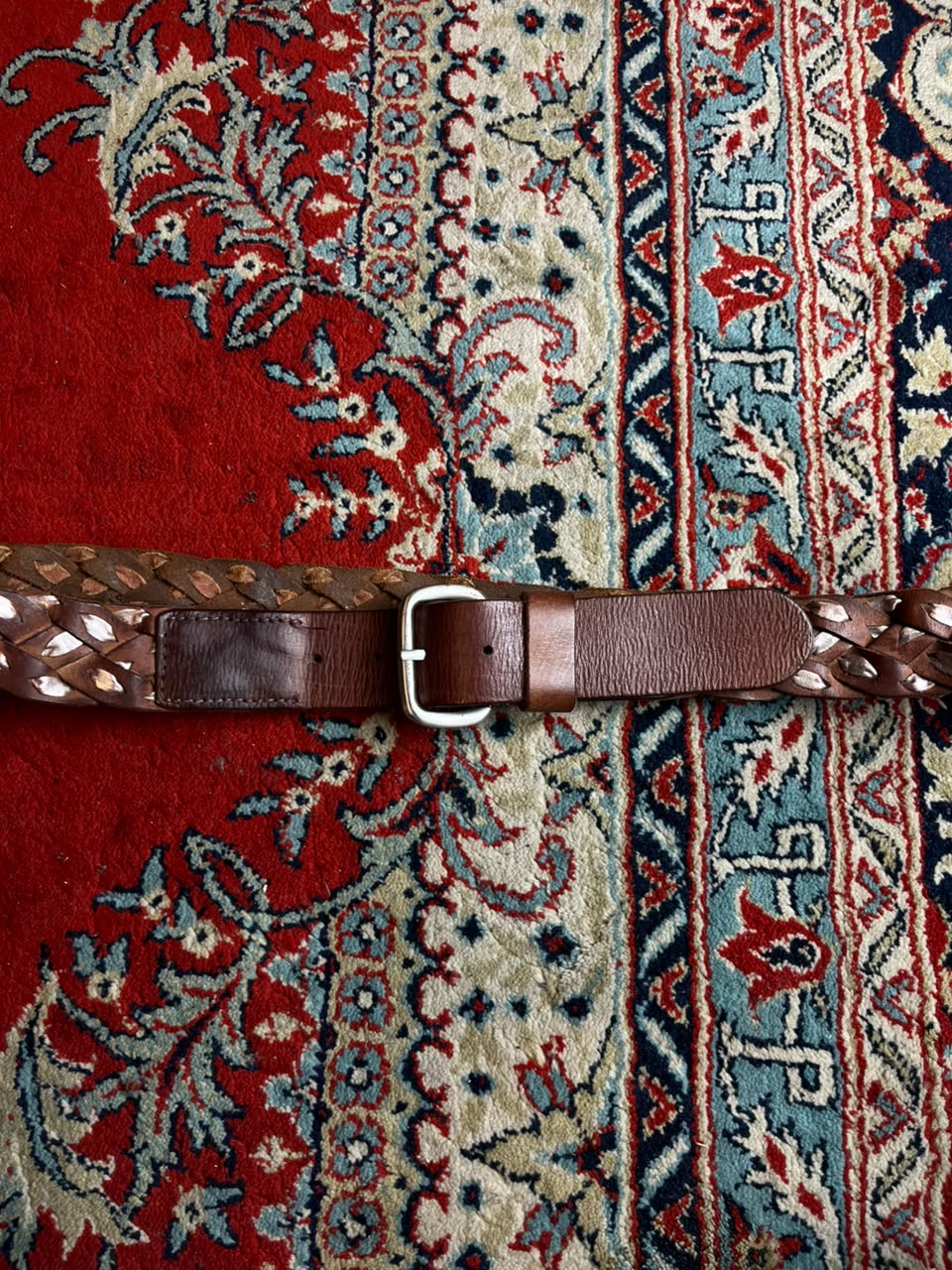 Brown Pleated Braided Studded Leather Belt Silver Hardware Casual Western