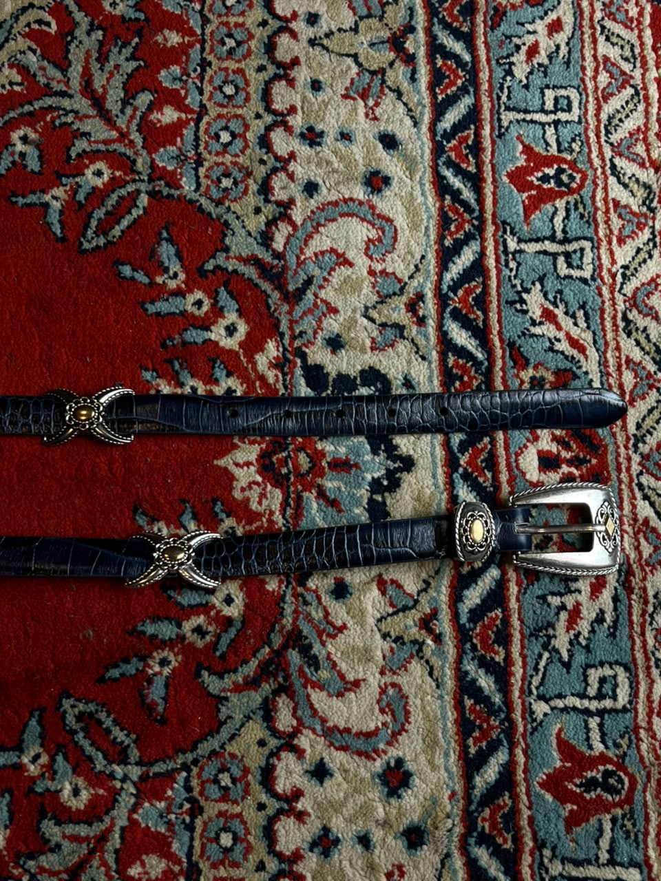 Vintage 90s Western Belt Dark Navy Blue Crocodile Print Engraved Buckle