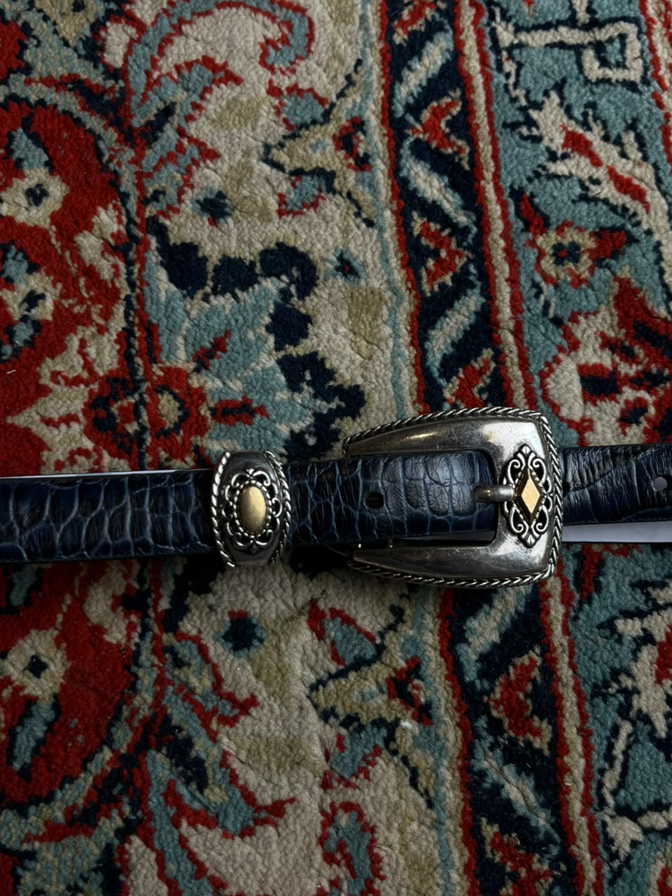 Vintage 90s Western Belt Dark Navy Blue Crocodile Print Engraved Buckle