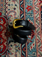 Classic Black Leather Belt Brushed Brass Gold Buckle