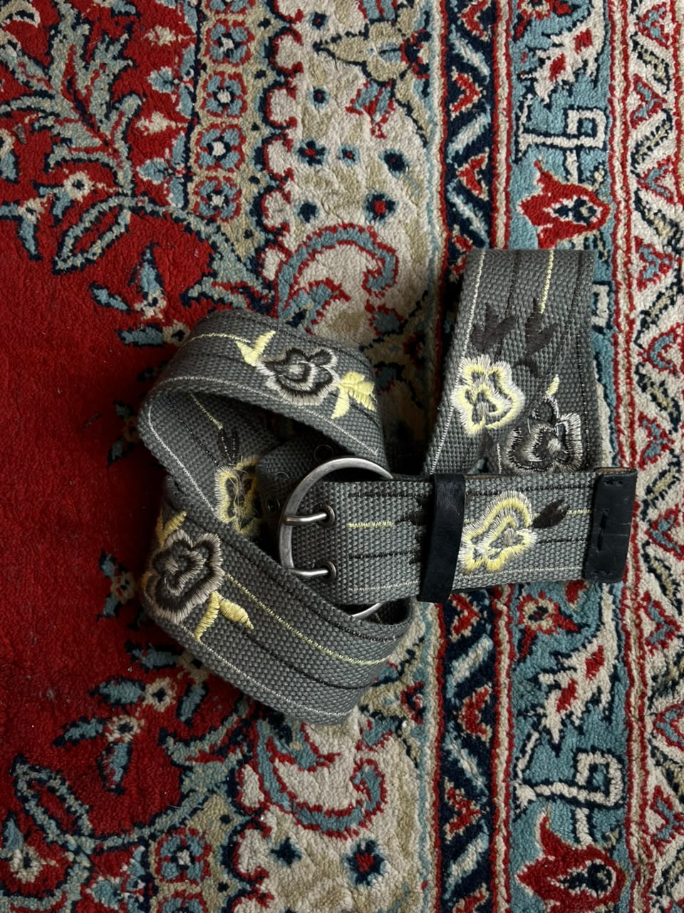 Esprit Gray Canvas Belt Embroidered Floral Double Prong Buckle