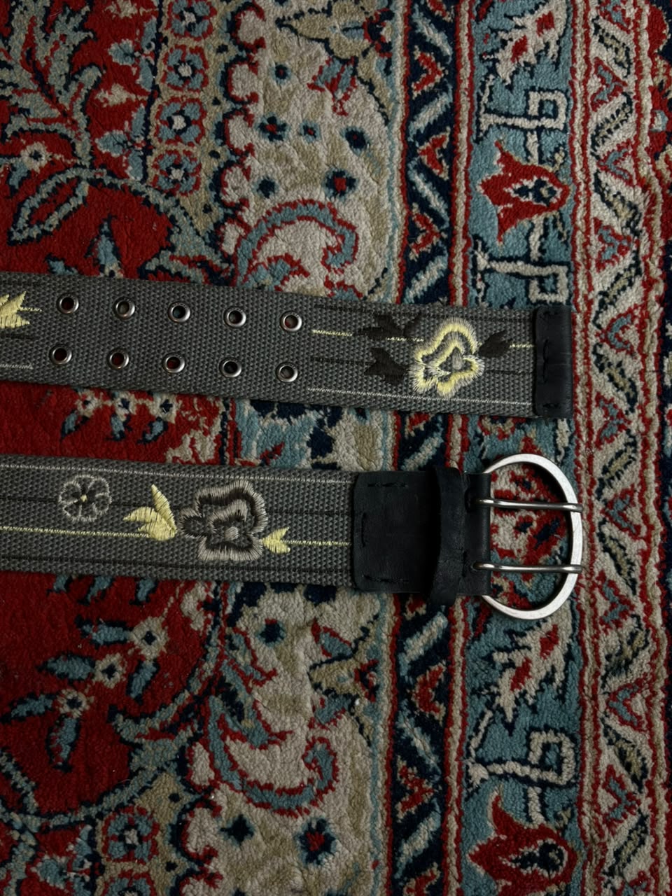 Esprit Gray Canvas Belt Embroidered Floral Double Prong Buckle