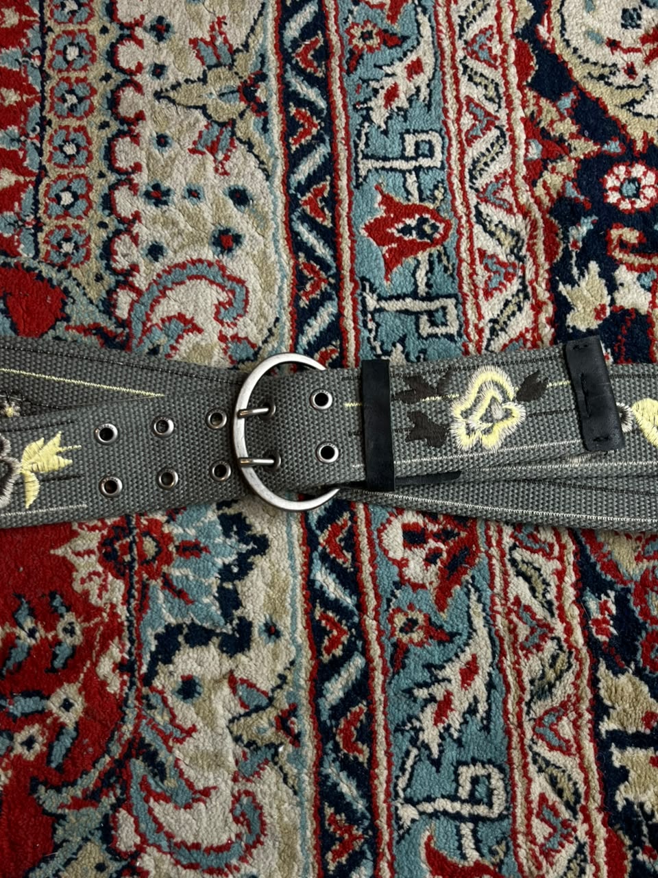 Esprit Gray Canvas Belt Embroidered Floral Double Prong Buckle