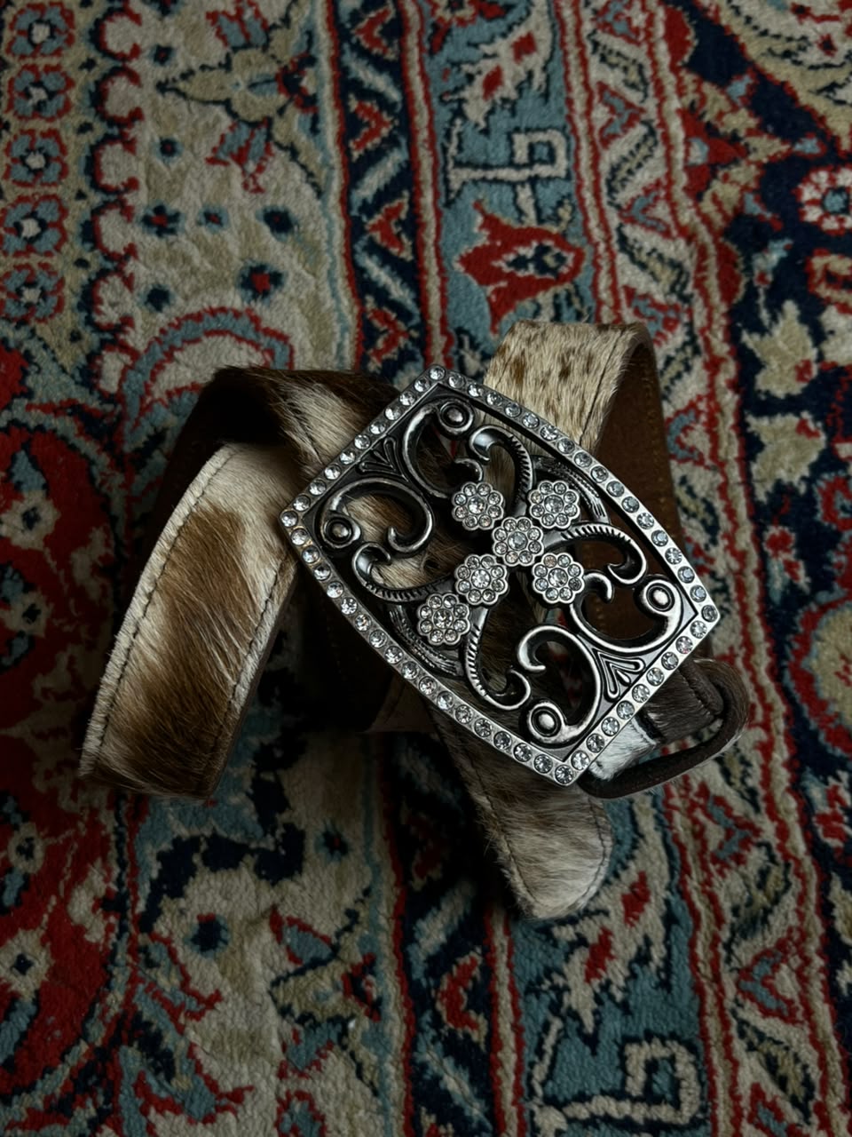 Western Hair on Hide Leather Belt Rhinestone Cross Buckle Rodeo Boho