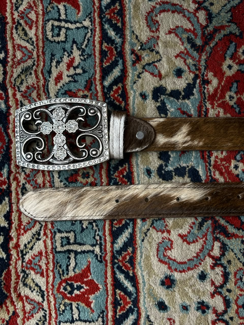 Western Hair on Hide Leather Belt Rhinestone Cross Buckle Rodeo Boho